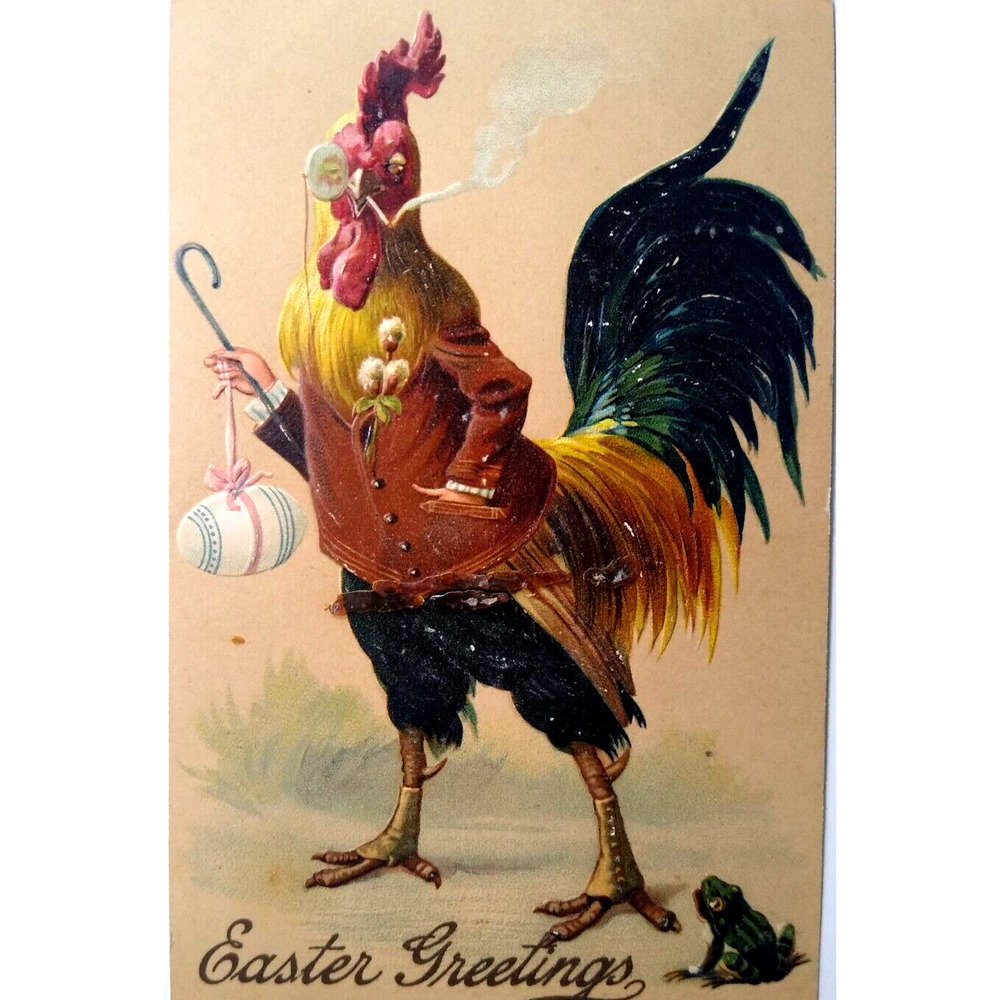 Easter Postcard Fantasy Dressed Rooster Can Monocle Eyeglass Cigarette Frog 8403